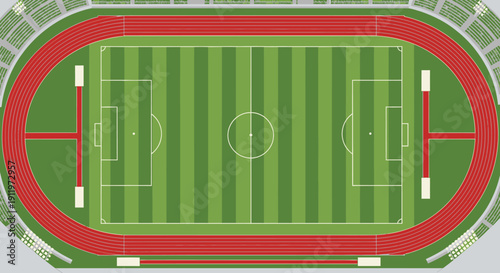 Aerial View of Multi-Sport Stadium with Soccer Football Field and Running Track