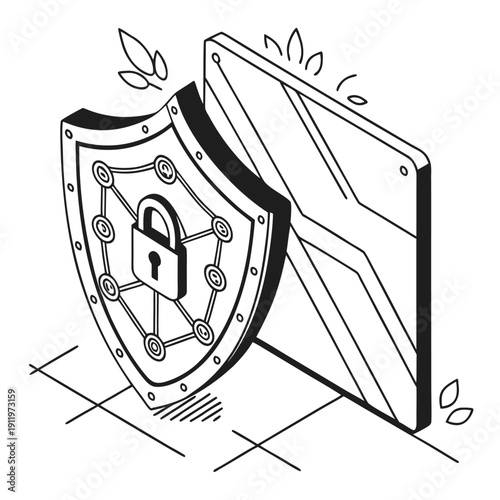 A digital shield with a lock icon protecting a laptop, symbolizing cybersecurity and data protection, viewed from a 45-degree angle with clean lines and minimalist design