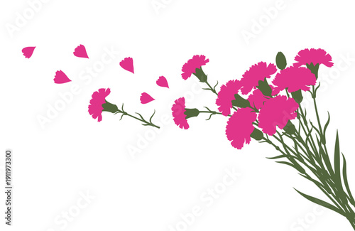 Carnation flower bouquet vector with pink petals blowing away in wind silhouette