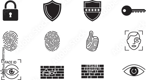 Security and protection icons featuring locks shields keys fingerprints and surveillance
