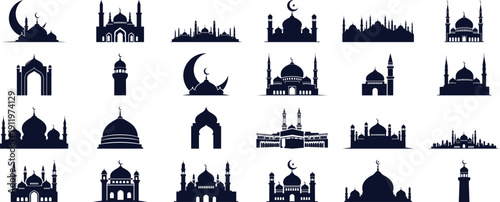 Ramadan mosque silhouette at dusk with crescent moon