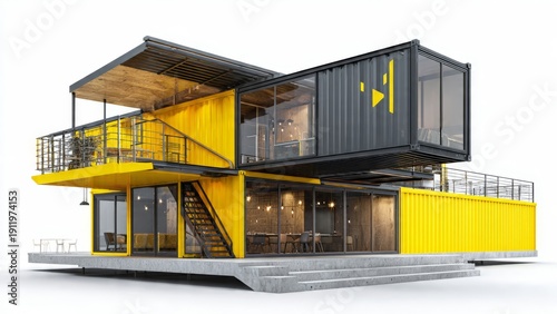 Modern shipping container building with yellow accents

