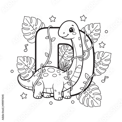 D is for Diplodocus Dinosaur Coloring Page for Kids Black and White Line Art