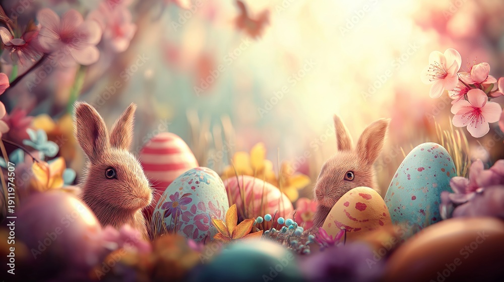 Obraz premium Little bunnies finding colorful Easter eggs in spring garden. Cute bunnies celebrating Easter surrounded by decorated eggs and blooming cherry blossoms
