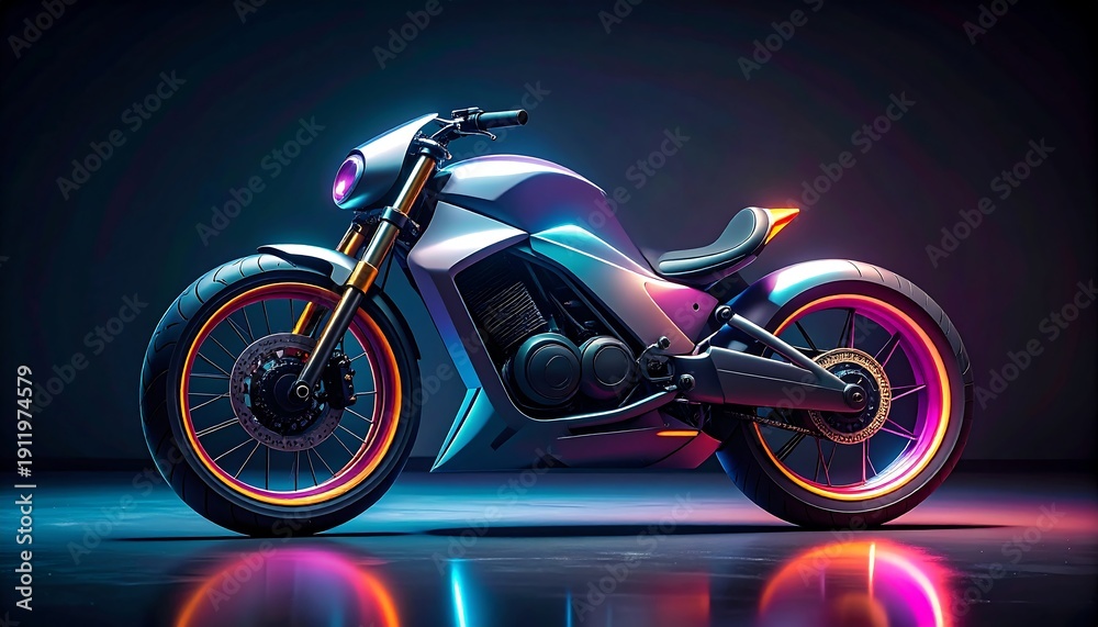 Fototapeta premium Sleek futuristic concept motorcycle gleaming with vibrant neon illumination in a professional dark studio setting, creating captivating reflections on a polished surface