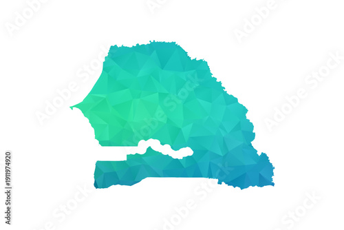 Senegal Map - Polygon Style Vector Illustration in Green and Blue Gradient, Low Poly Geometric Design, Isolated on White Background, Perfect for Infographics and Learning Use.
