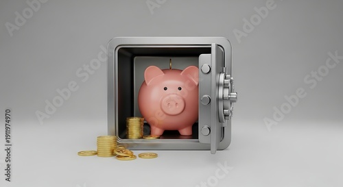 Piggy Bank Inside Open Safe with Coins.