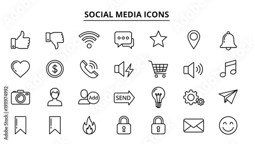 Collection of simple line icons representing social media interactions and online activities displayed on a clean white background