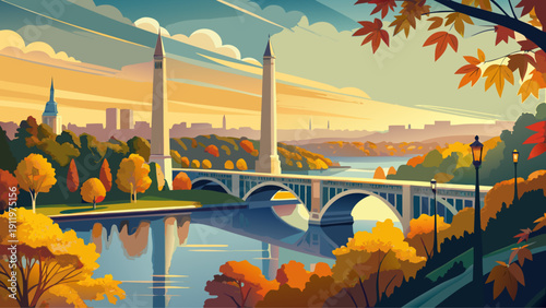 Very beautiful autumn landscape panorama of the Potomac River featuring Theodore Roosevelt Island on the left, a pedestrian bridge, the Francis Scott Key Memorial Bridge, and Georgetown University in 