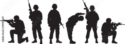 Five soldiers in various combat poses with rifles, depicted in silhouette form.