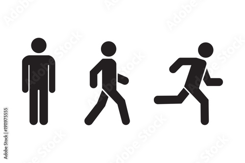 Man stands, walk and run icon set. People symbol. Person standing, walking and running illustration. Run, walk, stand. Vector illustration