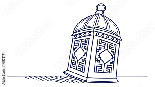 Futuristic Islamic lantern illustration in a clean and modern tech style, viewed from a slight angle, showcasing intricate designs, geometric patterns, and cultural heritage.