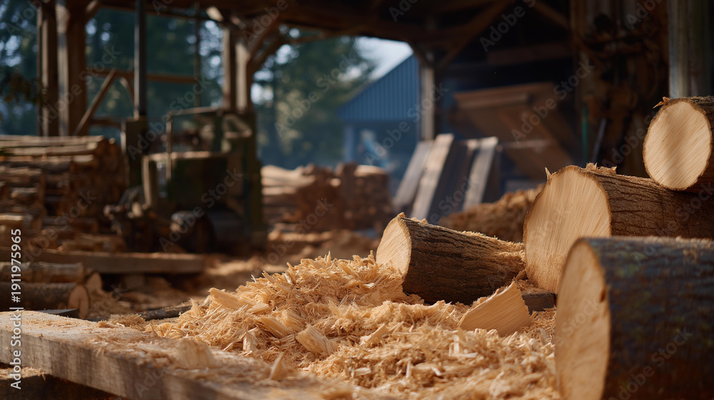 Fototapeta premium Inside the sawmill, the sound of chopping and machinery processing heaps of chopped tree wood into planks illustrates the interconnectedness of nature and industry. cinematic color correction,
