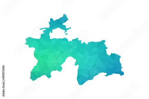Tajikistan Map - Polygon Style Vector Illustration in Green and Blue Gradient, Low Poly Geometric Design, Isolated on White Background, Perfect for Infographics and Learning Use.
