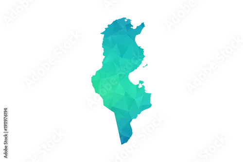 Tunisia Map - Polygon Style Vector Illustration in Green and Blue Gradient, Low Poly Geometric Design, Isolated on White Background, Perfect for Infographics and Learning Use.