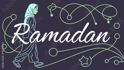 Ramadan crescent made of circuit lines near mosque silhouette illustration vector graphics