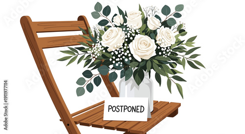 A rustic wooden chair adorned with a bouquet of white and blush flowers.