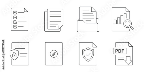Document File Outline Icon Set  Paper Report Checklist PDF Contract Business Form and Office Documentation Line Style Symbols Vector Illustration Collection icon set.eps10