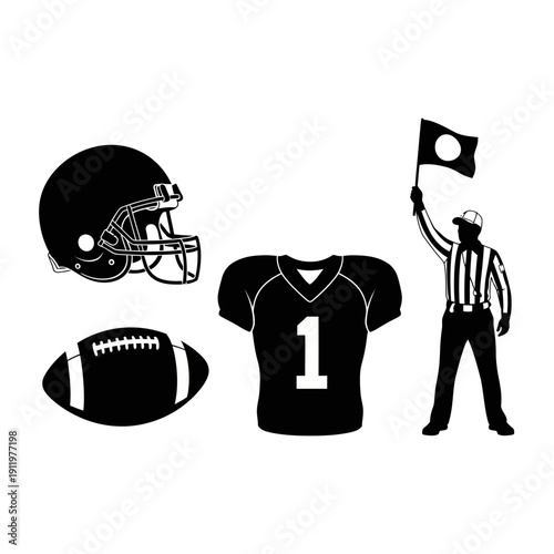 Football equipment and referee illustration on white background