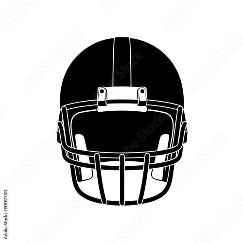 A black and white illustration of a football helmet with a metal face mask