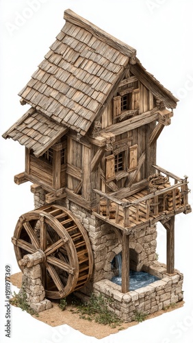 Old Water Mill Diorama Scene with Wooden Wheel and Stream

