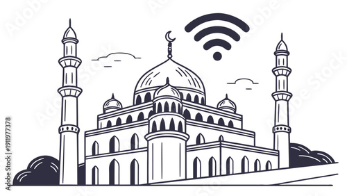 A modern mosque with wifi signal illustration representing ramadan innovation and technology integration in a religious setting