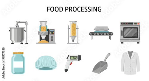 Icons illustrating food processing equipment and hygiene items