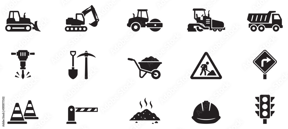Fototapeta premium Road construction icons set. Road Construction Icons. Road Construction. Solid icon set of Road construction. Vector Illustration.