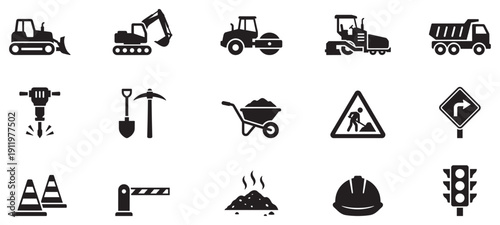 Road construction icons set. Road Construction Icons. Road Construction. Solid icon set of Road construction. Vector Illustration.