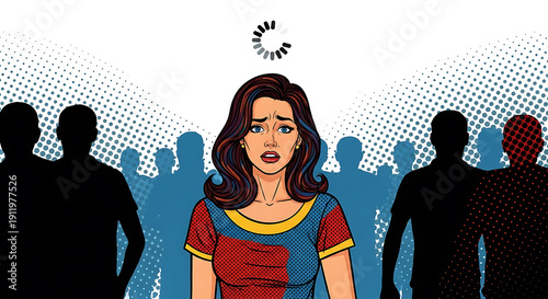 Minimalist Social Anxiety Comic Illustration for Stress Management App, anxiety, mental burnout, and the emotional pressure of modern life.