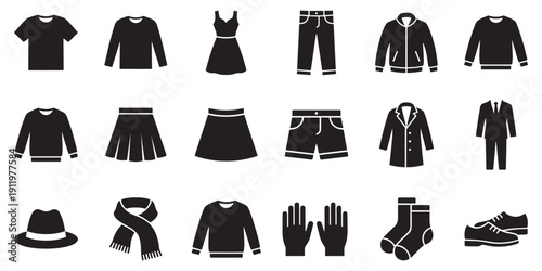 Clothes icons set isolated on white background. Clothing icons. Simple silhouette clothing and apparel icon set for fashion. Vector Illustration
