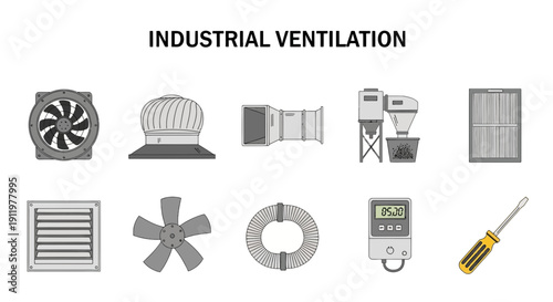 Ten illustrations of industrial ventilation components and tools on a white background