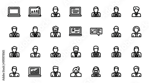 Outline user profile, business, and technology vector icons set for web, app, and digital interface design.