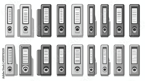 Various grey and black office ring binders in rows, filled with documents for archiving, storage, and business organization.