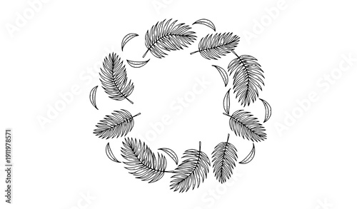 Hand Drawn Palm Tree Wreath Circle Border Botanical Line Art Vector Isolated on White Background