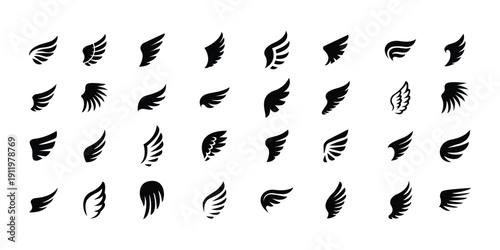 Angel Wing Silhouette Icon Set  Bird Wings, Flying Feather Wing Shapes Black Vector Collection for Logo, Tattoo, Fantasy and Design Elements.eps10