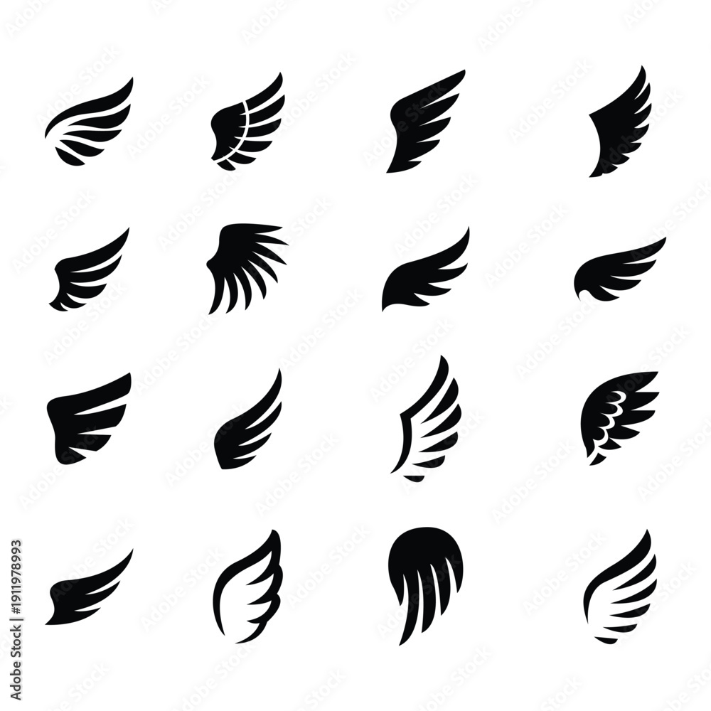 Fototapeta premium Angel Wing Silhouette Icon Set Bird Wings, Flying Feather Wing Shapes Black Vector Collection for Logo, Tattoo, Fantasy and Design Elements.eps10
