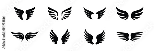 Flying Wing Silhouette Icon Set  Abstract Bird Feather Logo Elements Black Minimal Tattoo Style Vector Collection .eps10
