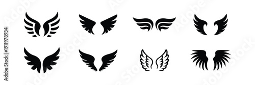 Flying Wing Silhouette Icon Set  Abstract Bird Feather Logo Elements Black Minimal Tattoo Style Vector Collection .eps10