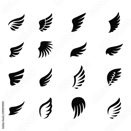 Angel Wing Silhouette Icon Set  Bird Wings, Flying Feather Wing Shapes Black Vector Collection for Logo, Tattoo, Fantasy and Design Elements.eps10