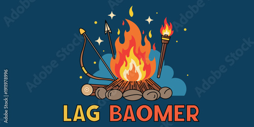 Lag Baomer Jewish Holiday Bonfire with Bow and Arrow Vector Illustration