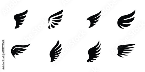 Abstract Wing Silhouette Icon Set, Minimal Angel and Bird Wings Collection, Flying Feather Shapes for Logo, Tattoo, and Symbol Design