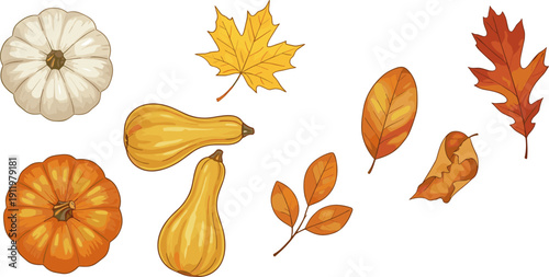Horizontal set of autumn pumpkins, gourds, and colorful fall leaves in textured flat vector style