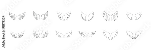 Angel Wings Outline Icon Set  Flying Bird Wing Feather Line Art Symbols Collection Elegant Minimal Vector Illustration icon set . eps10 