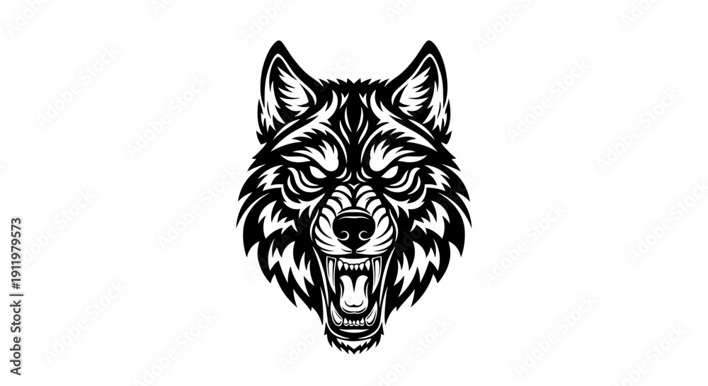 Fototapeta premium Fierce Wolf Head Black and White Illustration, Aggressive Animal Portrait