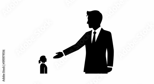 Business handshake silhouette: big man, small woman, greeting, partnership, power dynamic