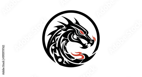 Tribal Dragon Head Emblem - Black and Red Tattoo Style