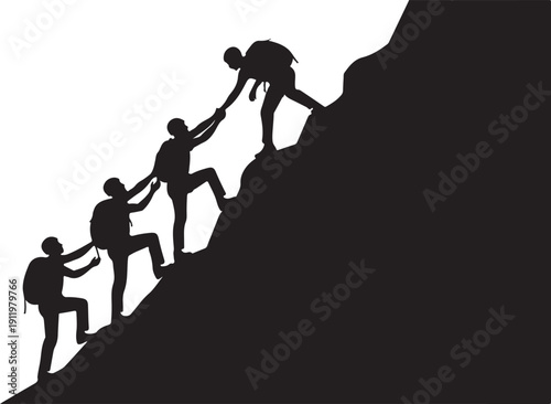 Teamwork and collaboration depicted through a group of people climbing a steep hill