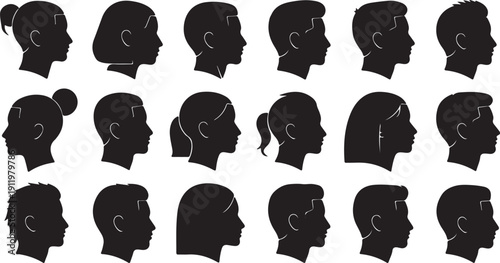 A diverse collection of twenty black and white silhouettes of human heads