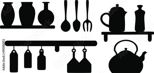 Kitchen Silhouette: A minimalist, high-contrast silhouette illustration showcases an array of kitchen essentials. The artwork captures the essence of culinary preparation.